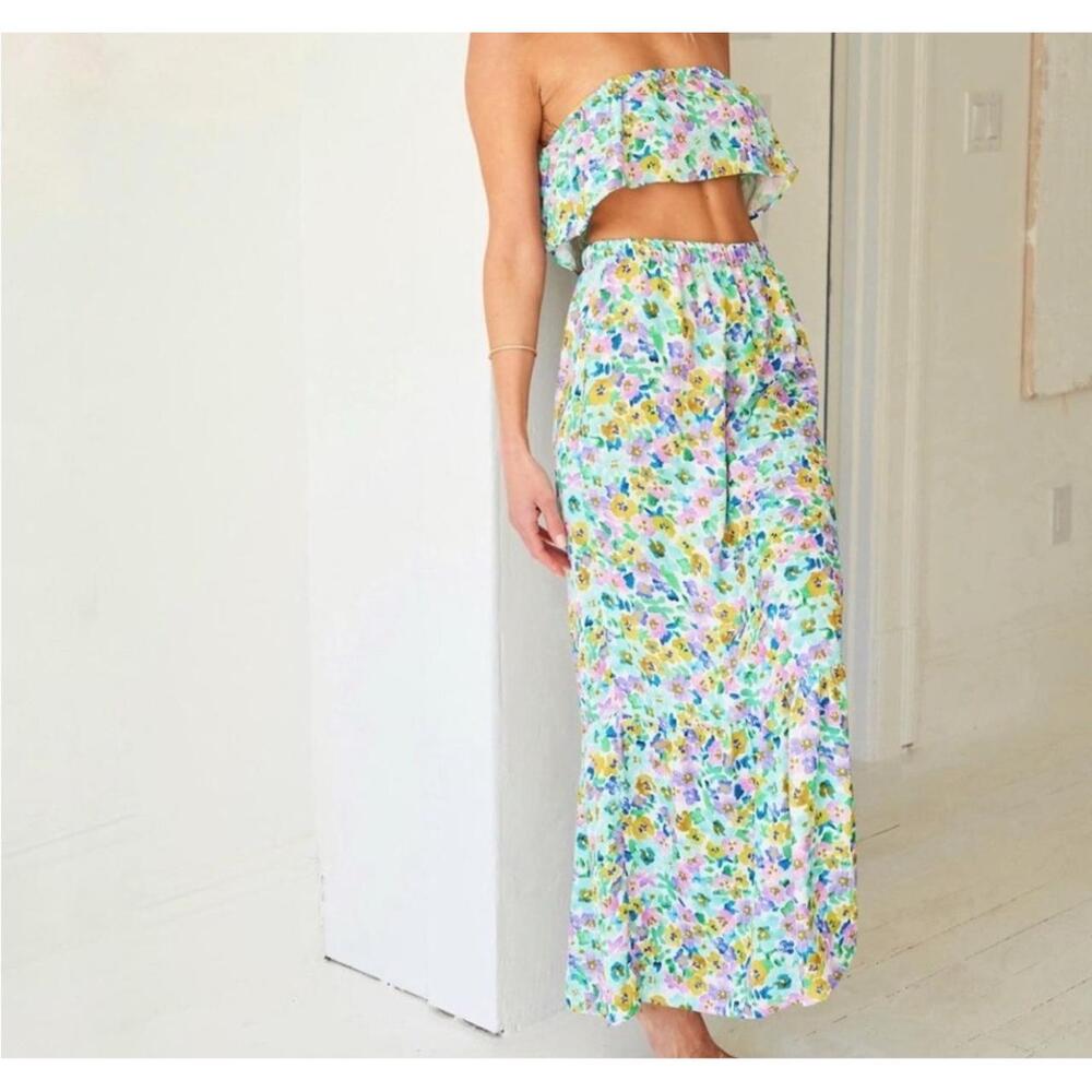 RESA Floral Maxi Skirt and Bandeau Set in White, Green, Yellow & Purple